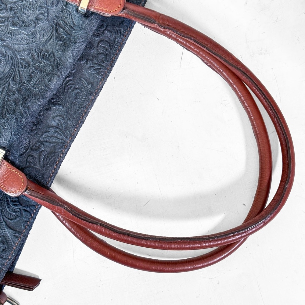 Borse in Pelle Navy Floral Embossed Suede Leather Tote Bag Made in Italy - Picture 12 of 12